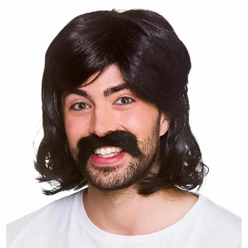 Curly wig for party vibes-1970s Cool Guy Wig & Tash Black Hair Fancy Dress Halloween