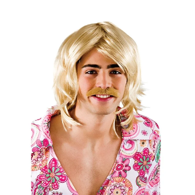 Wig for vivid flair-70s Gameshow Guy Blonde Wig & Moustache Set Fancy Dress