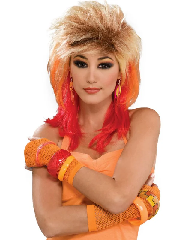 Short red wig with lush flair-80s Glam Multicoloured Mullet Wig