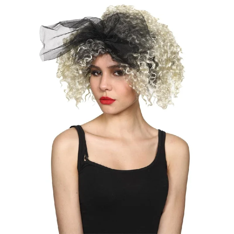 Long blonde wig with bold flair-80s Material Girl Blonde Curls Wig Bow Madonna Fancy Dress