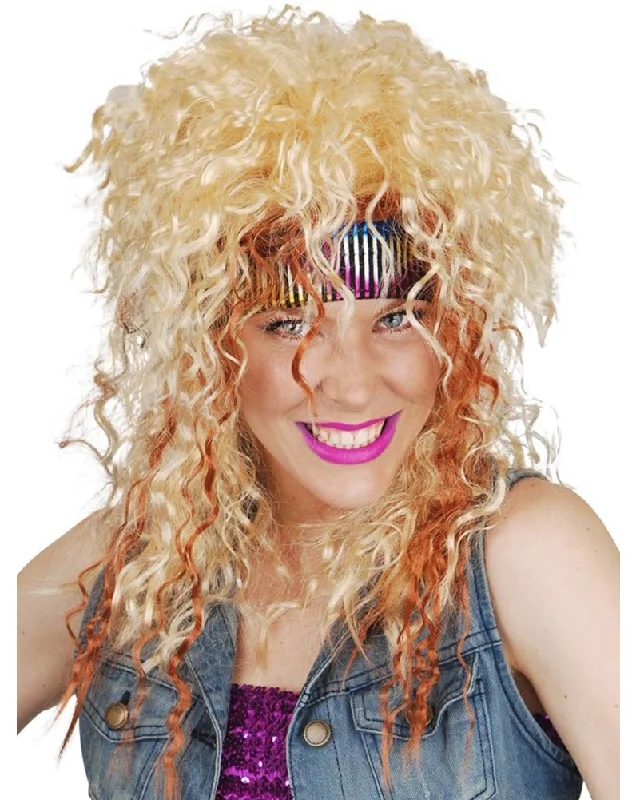 Medium wavy wig with vivid flair-80s Rocker Curly Blonde Wig