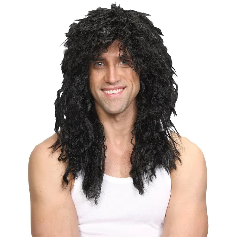 Short gray wig with bold texture-80s Rockstar Long Black Wig Big Hair Perm Fancy Dress