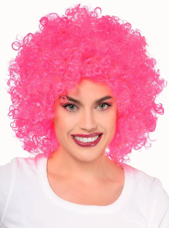 Short black wig with bold shine-Giant Curly Neon Pink Afro Adults Costume Wig