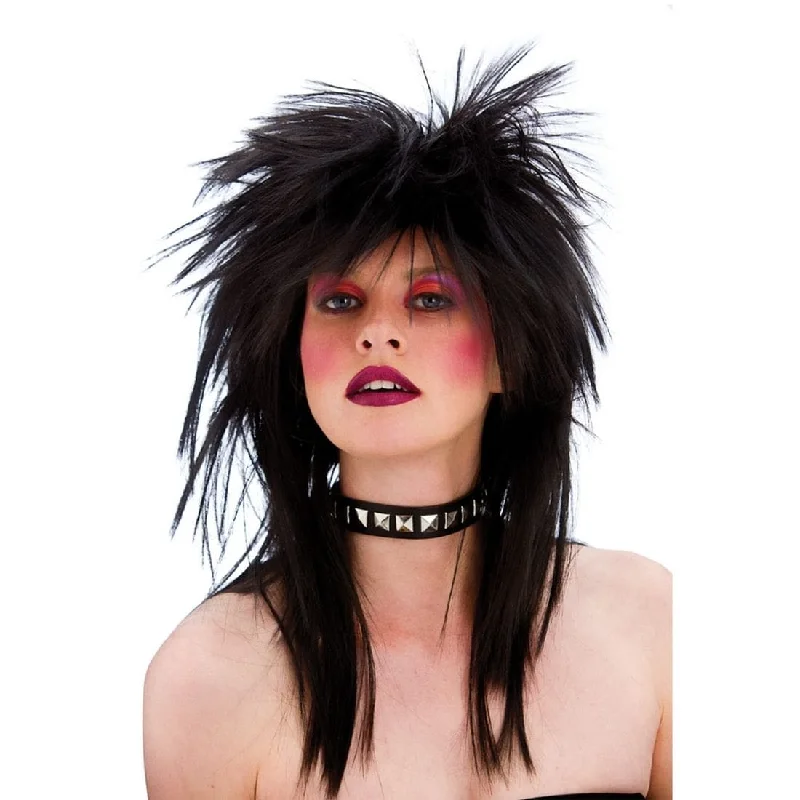 Curly wig for young flair-Adults Black  80's Rocker Wig Halloween Party Accessory