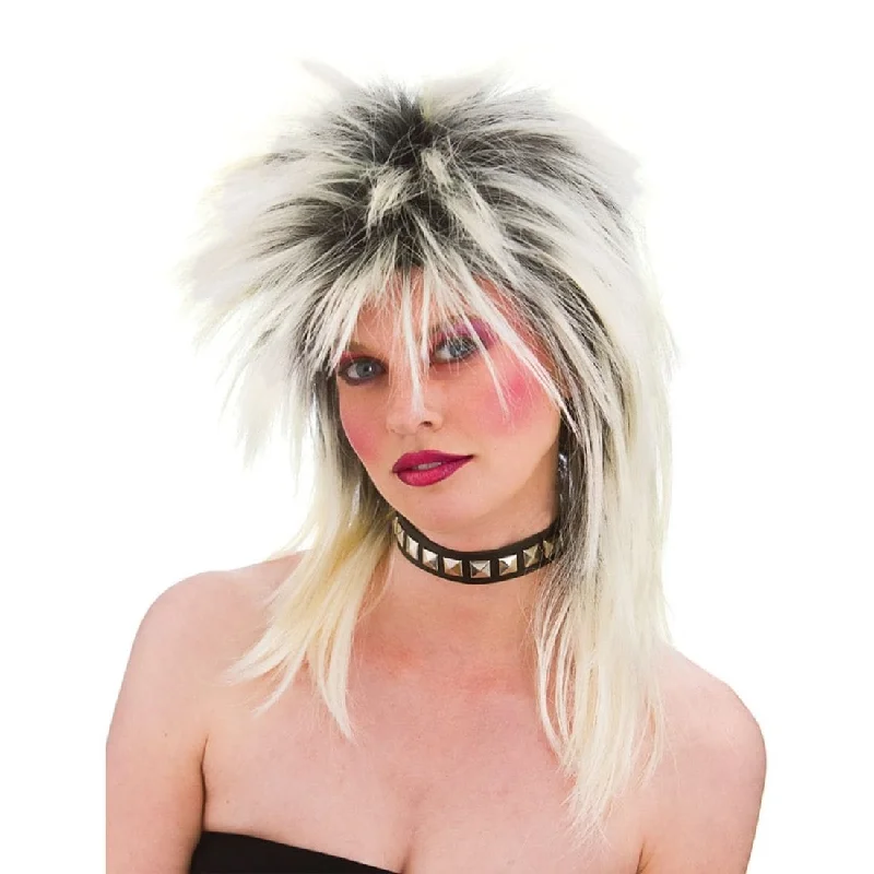 Long red wig with tight flair-Adults Blonde 80's Rocker Wig Halloween Party Accessory