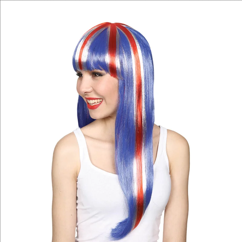 Short red wig with dramatic flair-Adults GB Long Wig With Fringe Union Jack Team Royal Fancy Dress