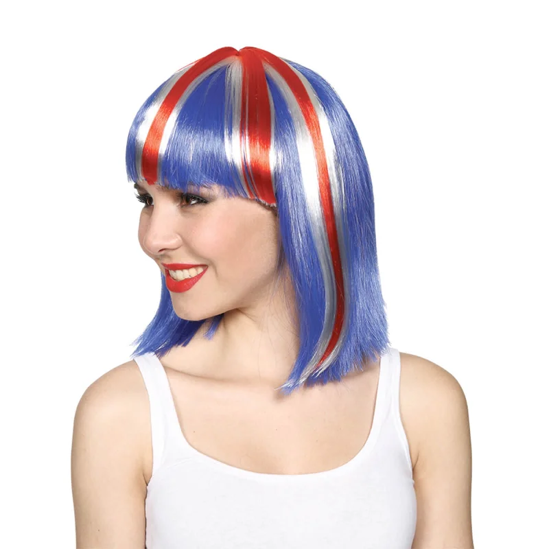 Long straight wig with dramatic flair-Adults GB Short Wig With Fringe Union Jack Team Royal Fancy Dress