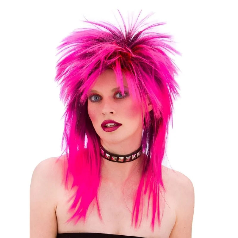 Long straight wig with bold texture-Adults Pink 80s Rocker Wig Halloween Party Accessory