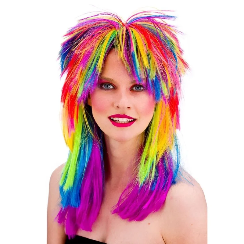 Medium wavy wig with bold texture-Adults Rainbow 80's Rocker Wig Halloween Party Accessory