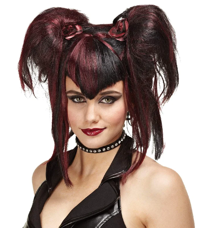 Long black wig with plush flair-"Bad Fairy - Black and Red" Halloween Wig