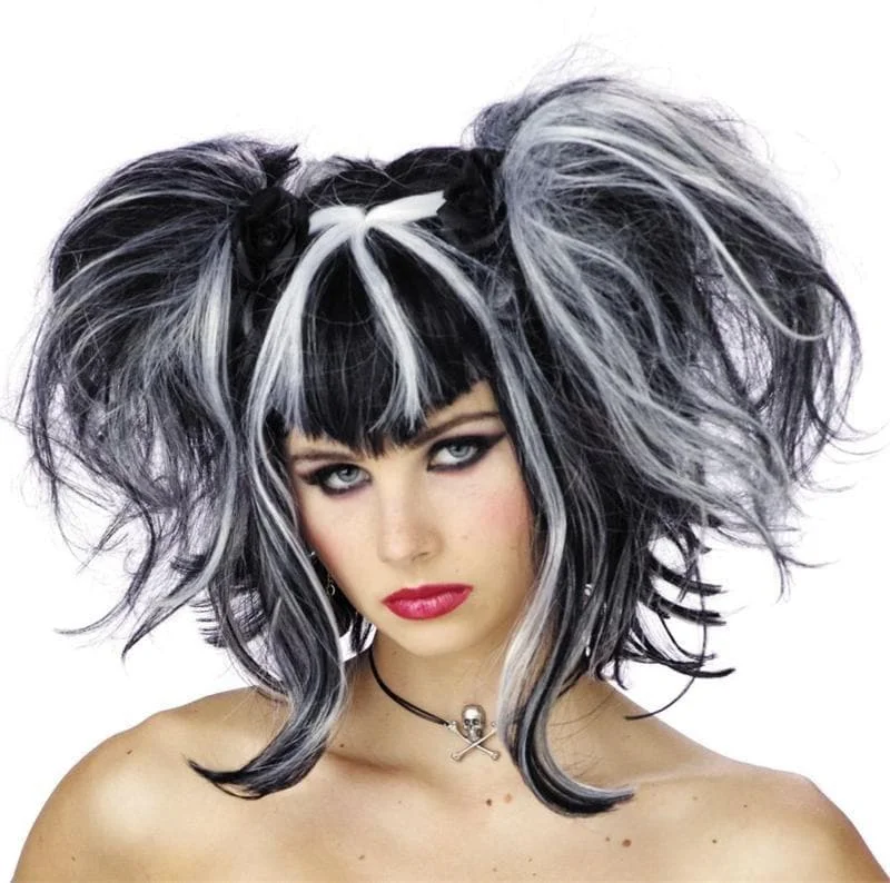 Short blonde wig with plush flair-"Bad Fairy - Black/White" Halloween Wig