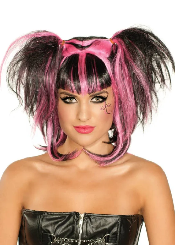 Wig for vivid flair-Messy Black and Pink Pigtails Womens Halloween Wig