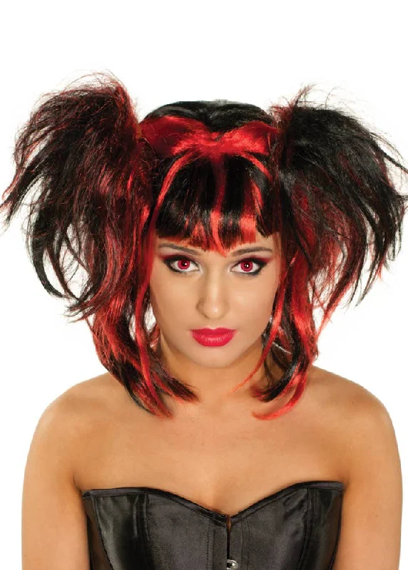 Wig for lush flair-Messy Black and Red Pigtails Womens Halloween Wig