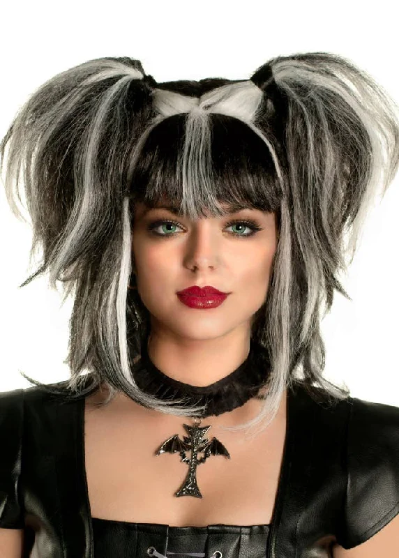 Wig for bold flair-Messy Pigtails Black and White Womens Halloween Wig