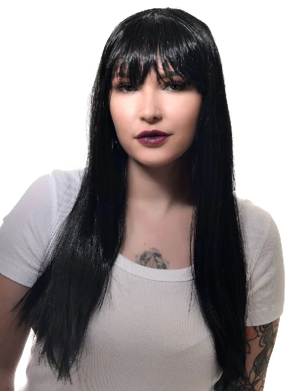 Wig for lush flair-Long Womens Straight Black Costume Wig with Fringe