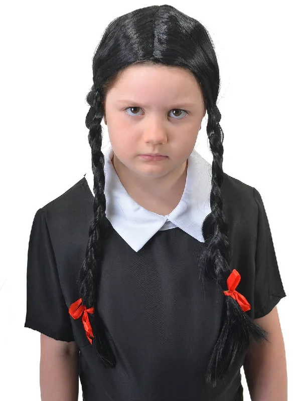 Wig for radiant flair-Plaited Girls Black Wednesday Addams Costume Wig