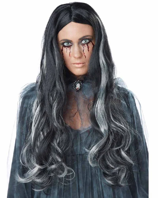 Curly wig for young flair-Bloody Mary Black and Grey Long Wig