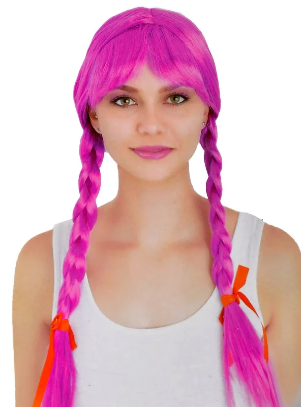 Short blonde wig with vivid flair-Long Purple Plaited Womens Costume Wig with Fringe