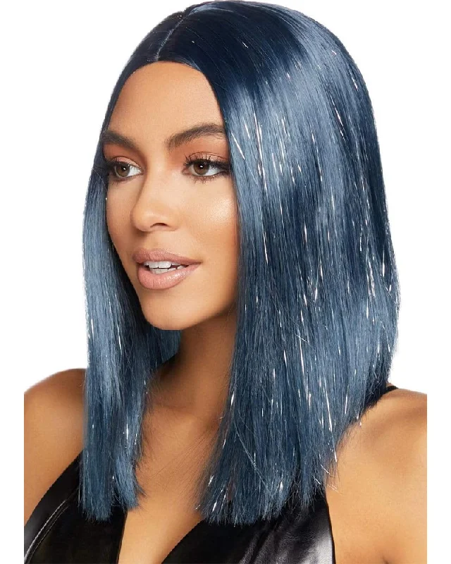 Lace wig for cool flair-Long Midnight Blue Tinsel Bob Wig