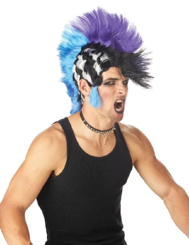 Short black wig with dramatic flair-"Checkered Mohawk Punk" Halloween Wig