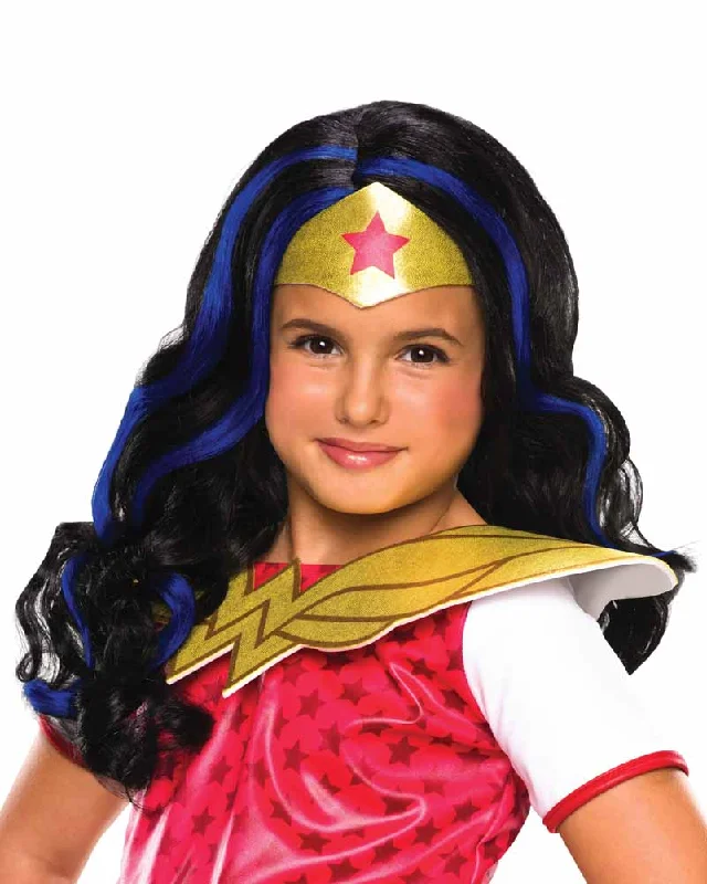 Lace wig for warm flair-DC Super Hero Wonder Woman Black and Blue Kids Wig