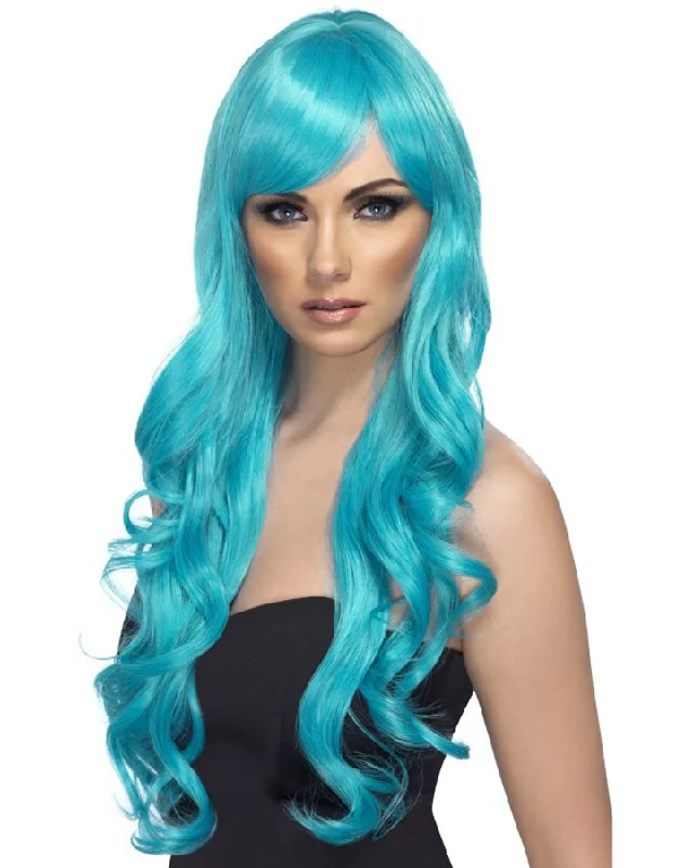 Short blonde wig with plush flair-Desire Long Wavy Aqua Wig