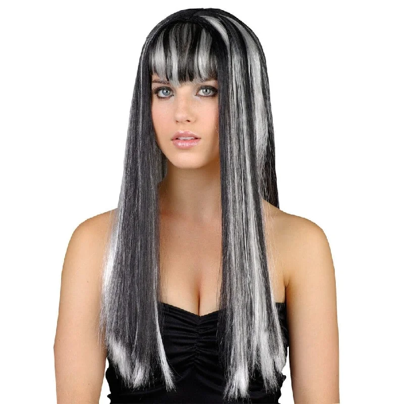 Long black wig with bold shine-Drop Dead Gorgeous Long Silver Black Wig Fancy Dress Party