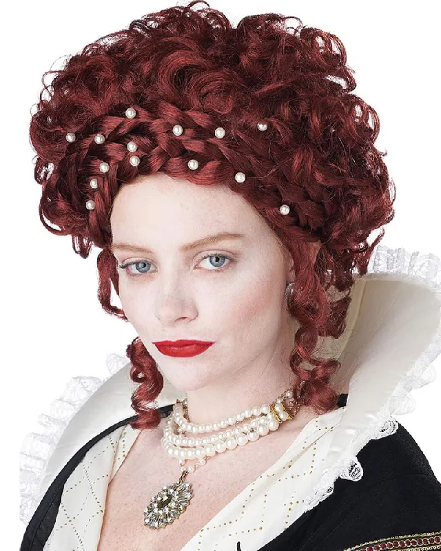 Long black wig with lush flair-Elizabethan Lady Curly Red Wig