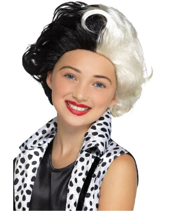 Curly wig for young vibes-Evil Little Madame Short Black and White Kids Wig