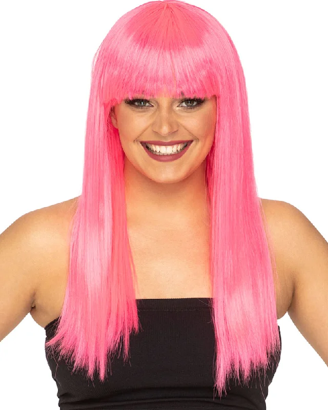 Wig for neat flair-Fashion Deluxe Neon Pink Long Wig