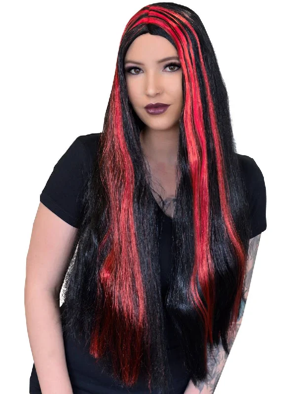 Wig for gentle flair-Streaked Black and Red Womens Halloween Costume Wig