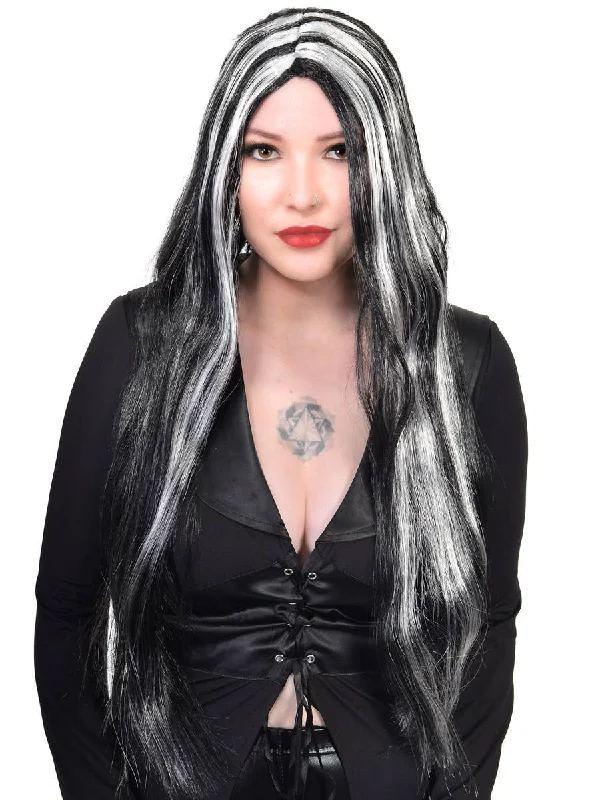 Wig for plush flair-Streaked Black and White Womens Halloween Costume Wig