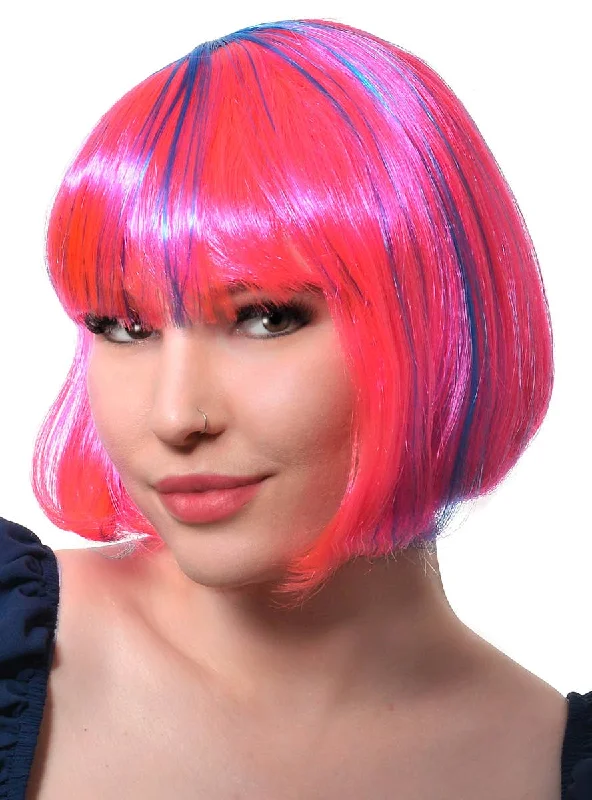 Wig for luxe flair-Neon Pink Womens Bob Costume Wig with Blue Streaks