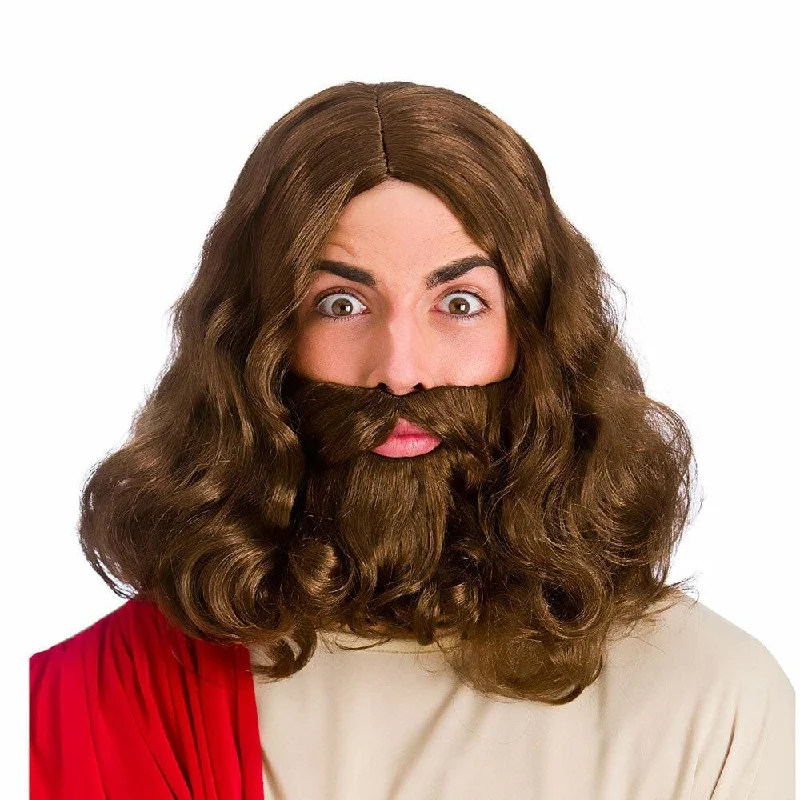 Long red wig with dramatic flair-Jesus Bible Religion Christ Wig Beard Set Fancy Dress