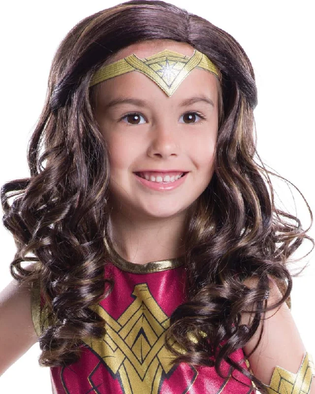 Long straight wig with tight flair-Justice League Wonder Woman Brown Kids Wig