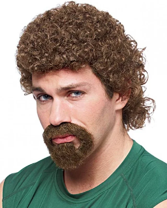 Synthetic wig for cool vibes-Kenny Curly Brown Mullet Wig and Beard