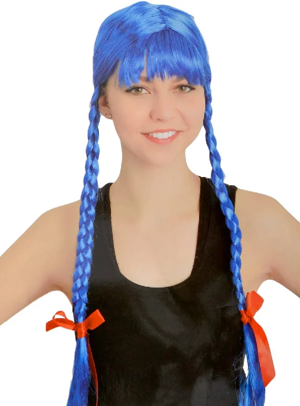 Short red wig with vivid flair-Long Blue Plaited Womens Costume Wig with Fringe