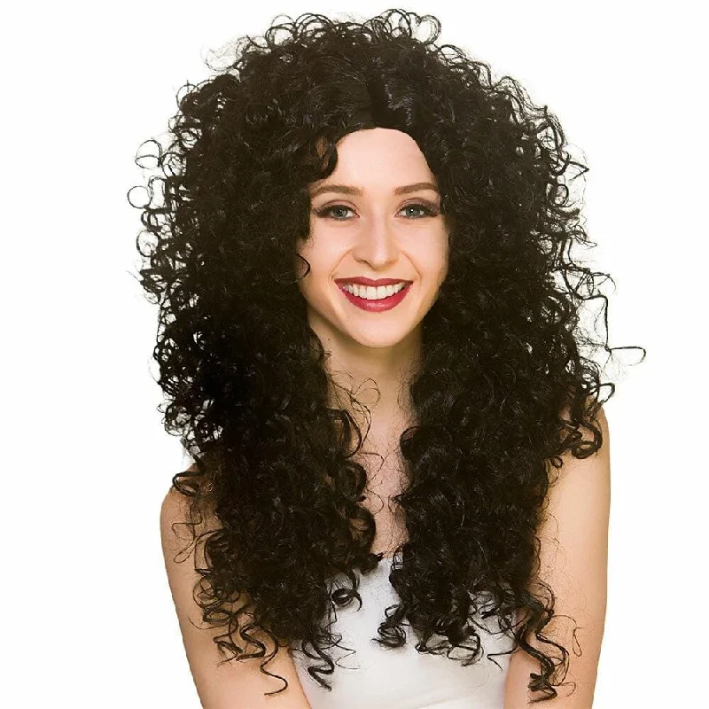 Long black wig with vivid flair-Long Curly Wig Fancy Dress 80s Hair Halloween Boogie Disco