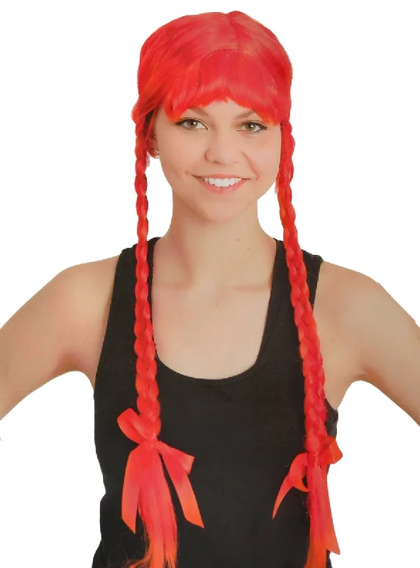 Long red wig with vivid flair-Long Red Plaited Womens Costume Wig with Fringe