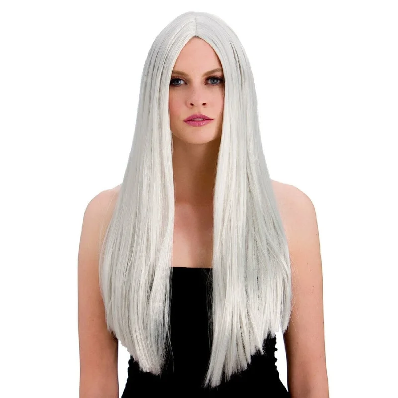 Long blonde wig with dramatic flair-Long silver Classic Party Wig Fancy Dress Halloween