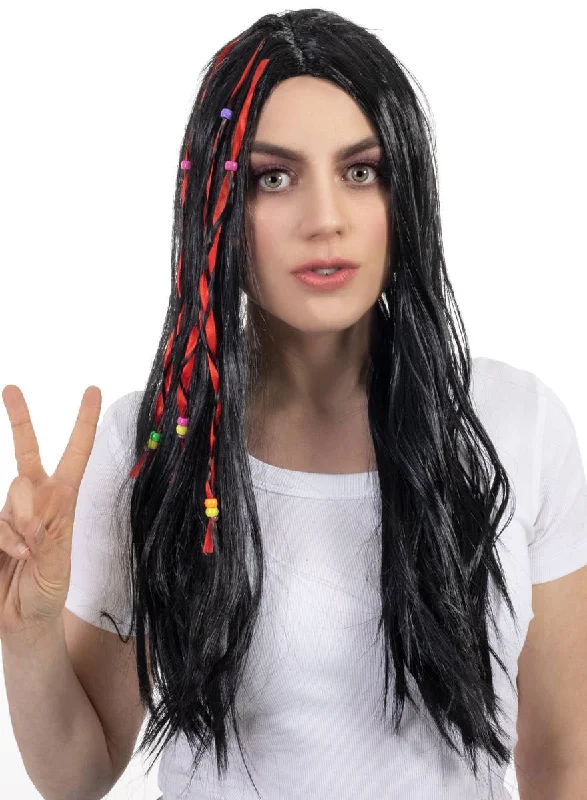 Long straight wig with vivid flair-Long Black Womens Hippie Costume Wig with Beads