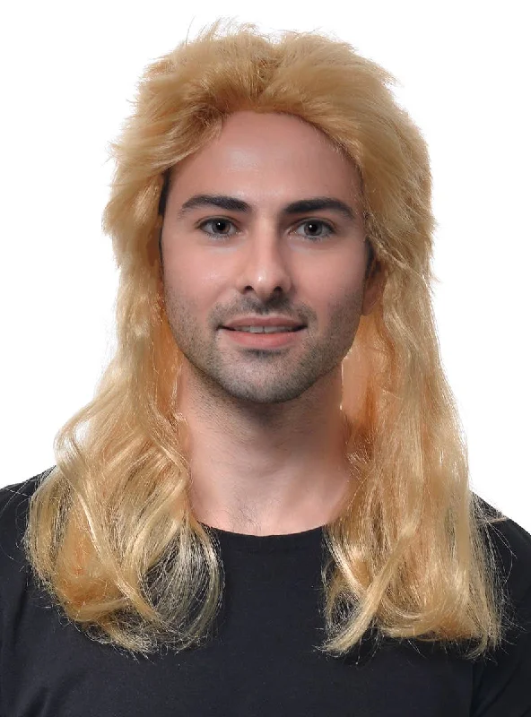 Wig for neat flair-Long Yellow Blonde Mens Mullet Costume Wig