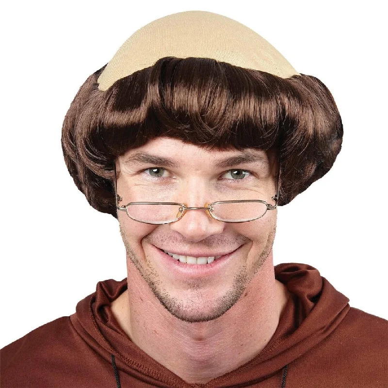 Short gray wig with vivid flair-Monk Friar Tuck Bald Crown Wig Fancy Dress Hair Halloween