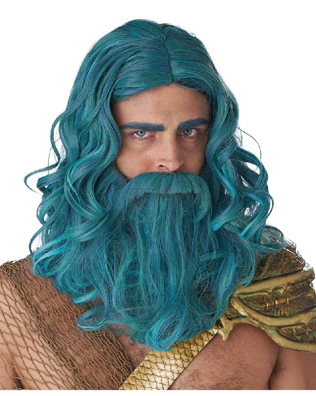 Long wavy wig with bold texture-Ocean King Long Blue Wig and Beard Set