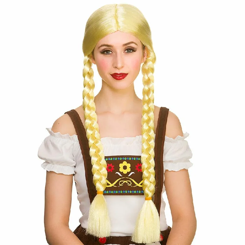 Long red wig with lush flair-Oktoberfest Beer Girl Wig Long Blonde Braids Fancy Dress