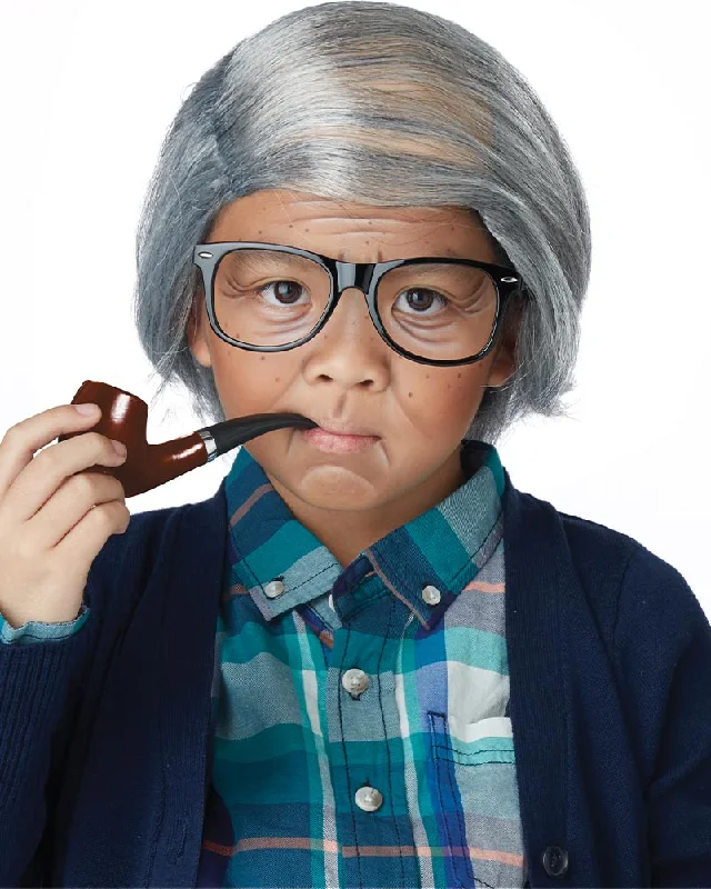 Long straight wig with plush flair-Old Man Combover Kids Wig Glasses and Pipe Set