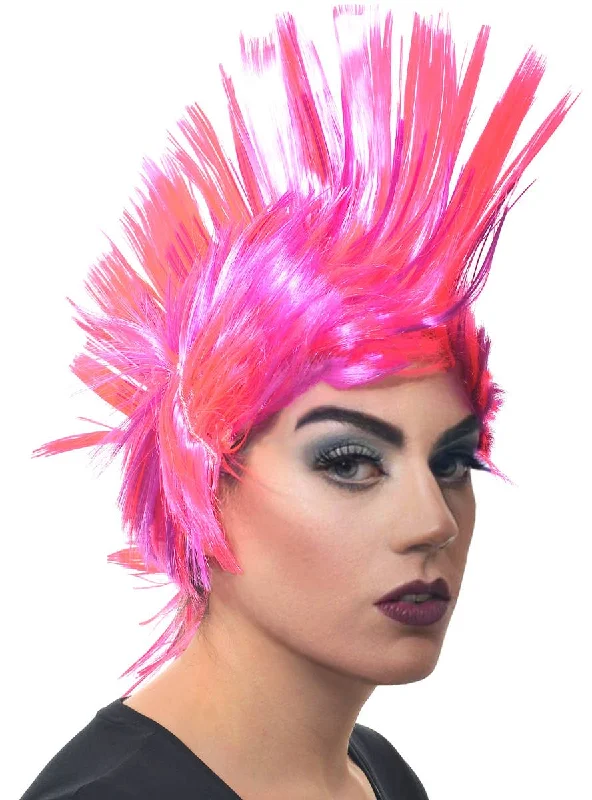 Short black wig with bold flair-Jumbo Pink and Purple Adults Punk Mohawk Costume Wig