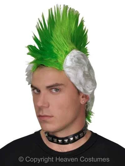 Wig for lush flair-Punk Mohawk Green and White Mens Costume Wig