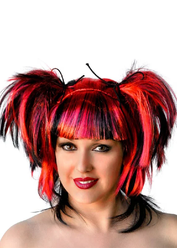 Wig for radiant flair-Messy Pigtails Red and Black Womens Halloween Wig