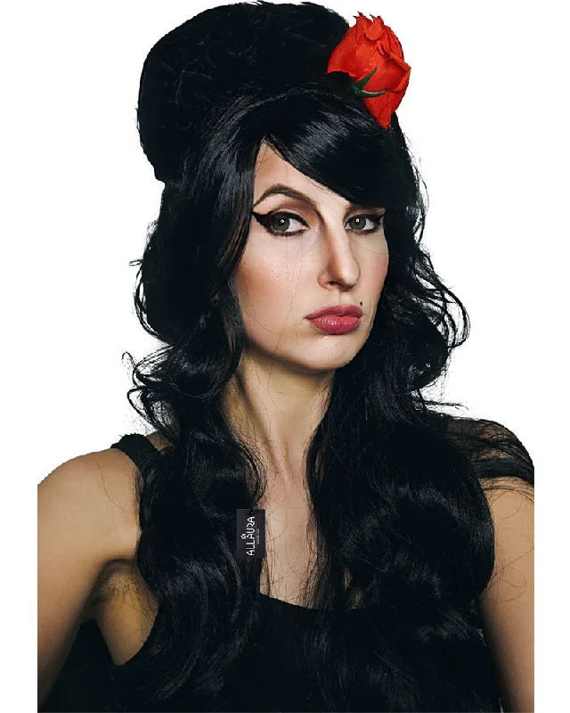 Synthetic wig for comic vibe-Rehab Beehive Deluxe Long Black Wig